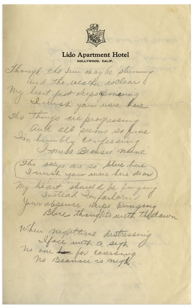Moe Howard Handwritten Poem to His Wife, Sometime Before 1935 -- ''...I want my Beansie, Helen, Blanche Schonberger, Horwitz Howard and Joan...'' -- 2pp. Poem on 6'' x 9.5'' Sheet -- Very Good